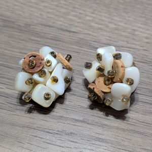 Vintage Handmade Clip On Faux Mother Of Pearl & Cork Earrings